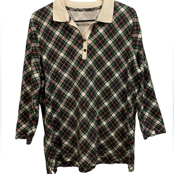 Kim Rogers Perfectly Soft Green Plaid 3/4 Sleeve Preppy Holiday Country Club Top - Picture 1 of 5